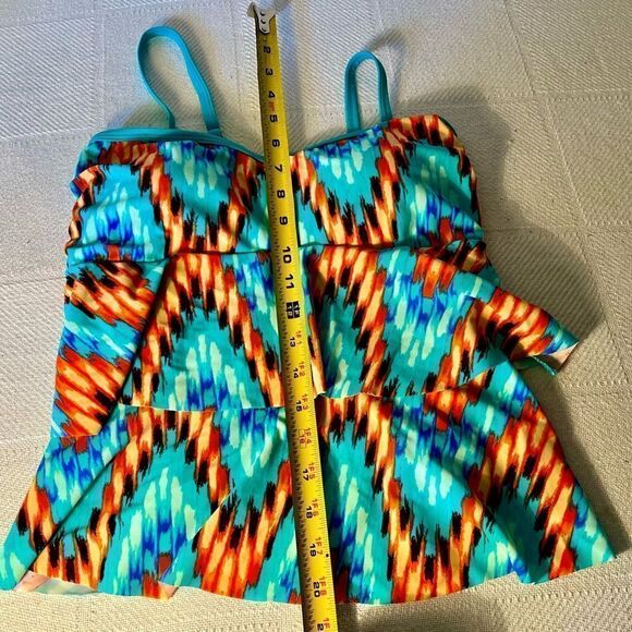 Venus Tankini Swim Top Stretch Ruffle Tiered Aztec Orange Teal Green Women Sz 6. - Picture 4 of 7